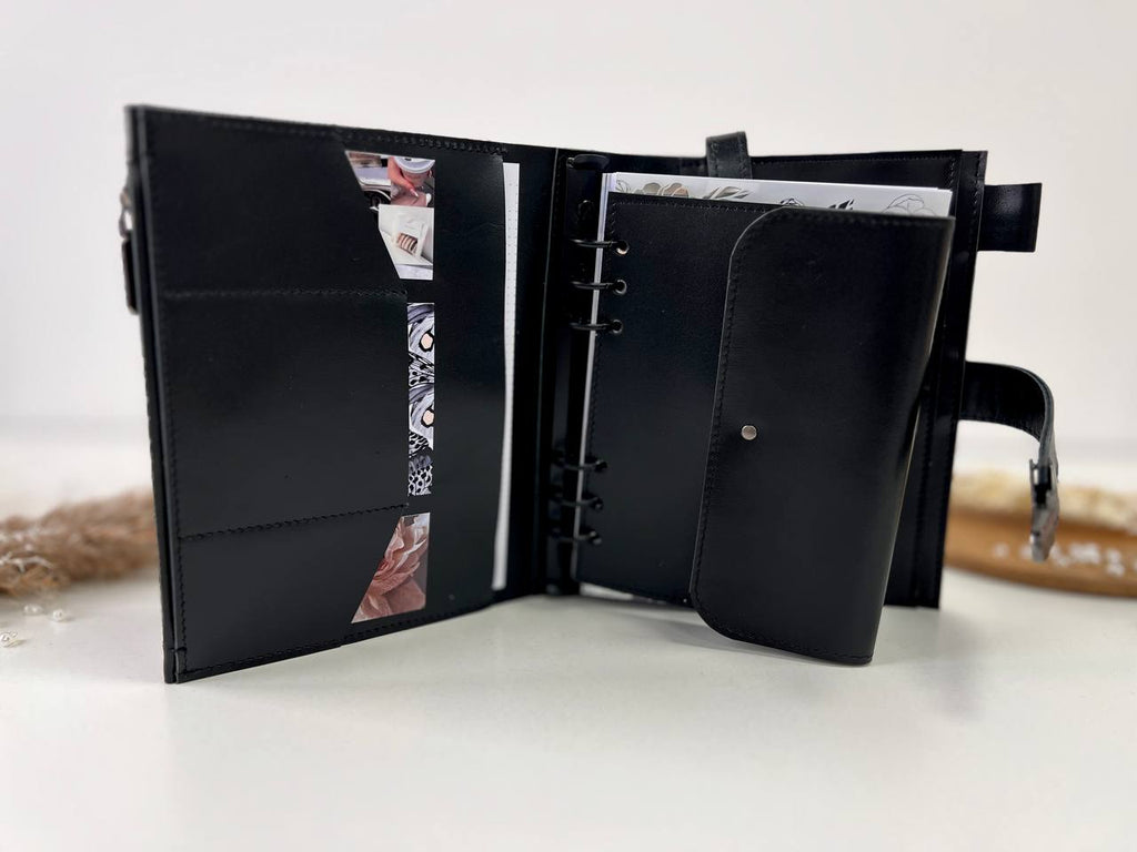 Black Natural Leather Planner A5 binder 6 rings, black classic leather notebook cover with binder 6 rings for documents format A4 and A5.