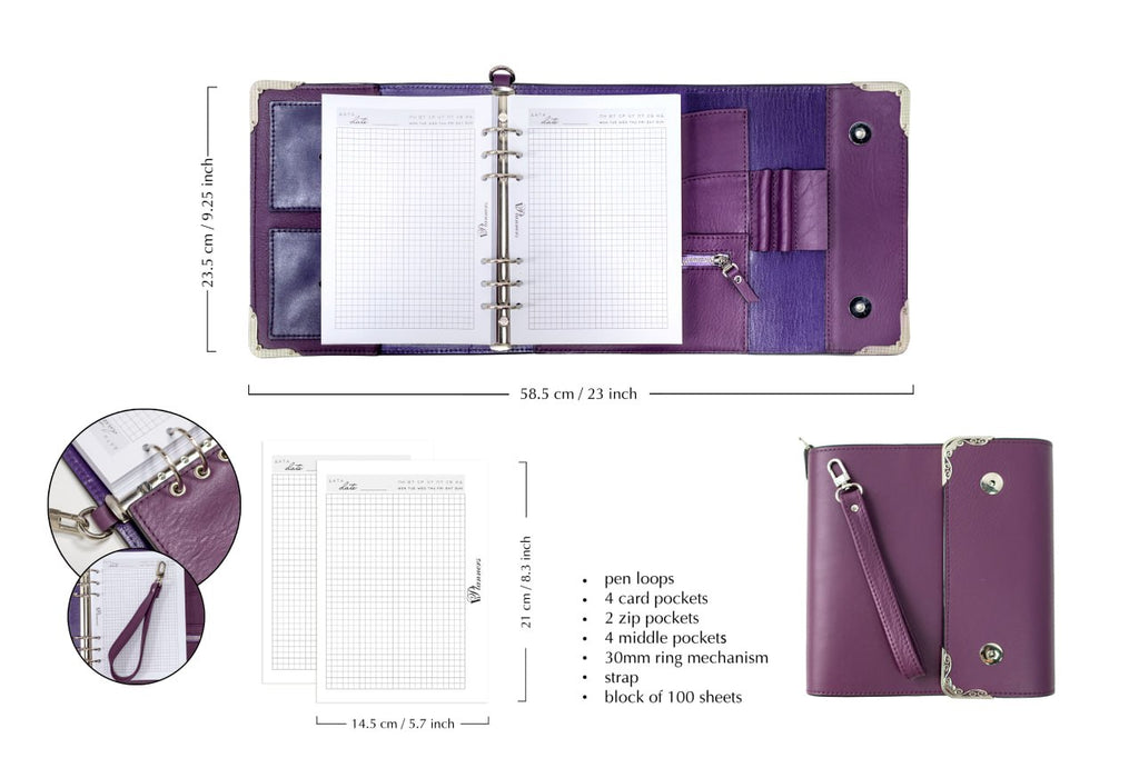 Violet Natural Italian Leather Planner A5, gift for her, perfect planner, Ring Planner Agenda A5 Six Ring Planner and Ring Personal Planner.