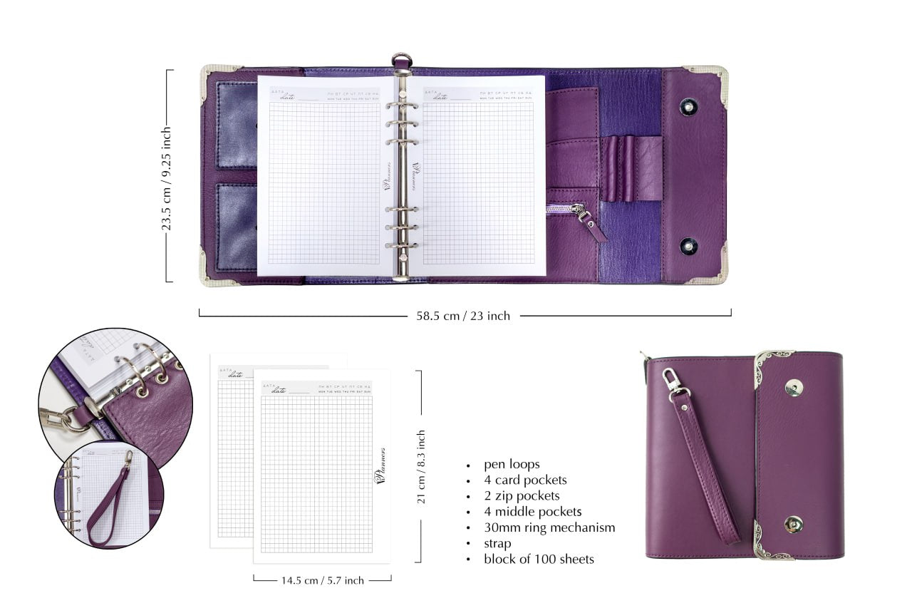 Violet Natural Italian Leather Planner A5, gift for her, perfect planner, Ring Planner Agenda A5 Six Ring Planner and Ring Personal Planner.