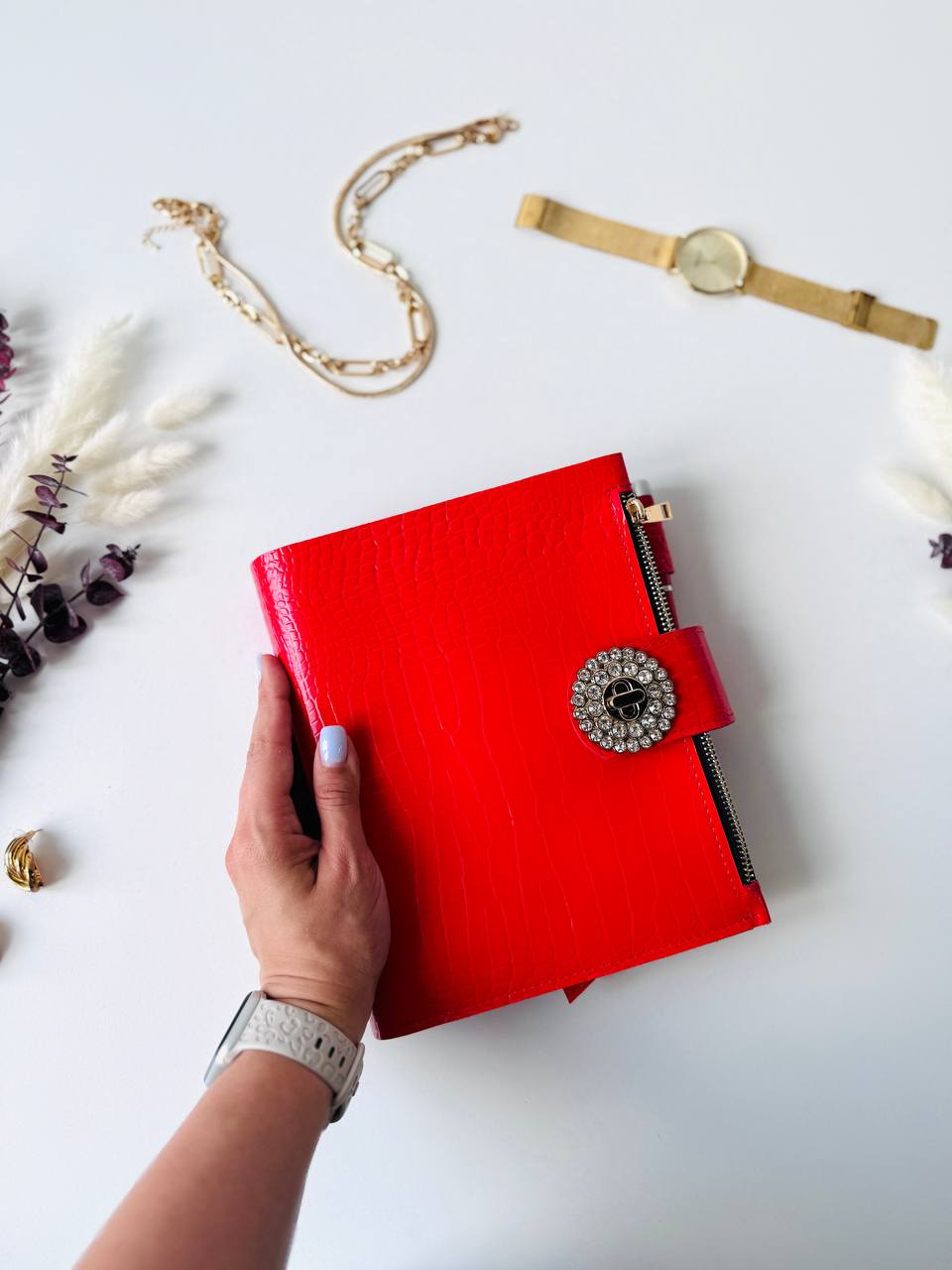 Orange-red leather planner binder A5.