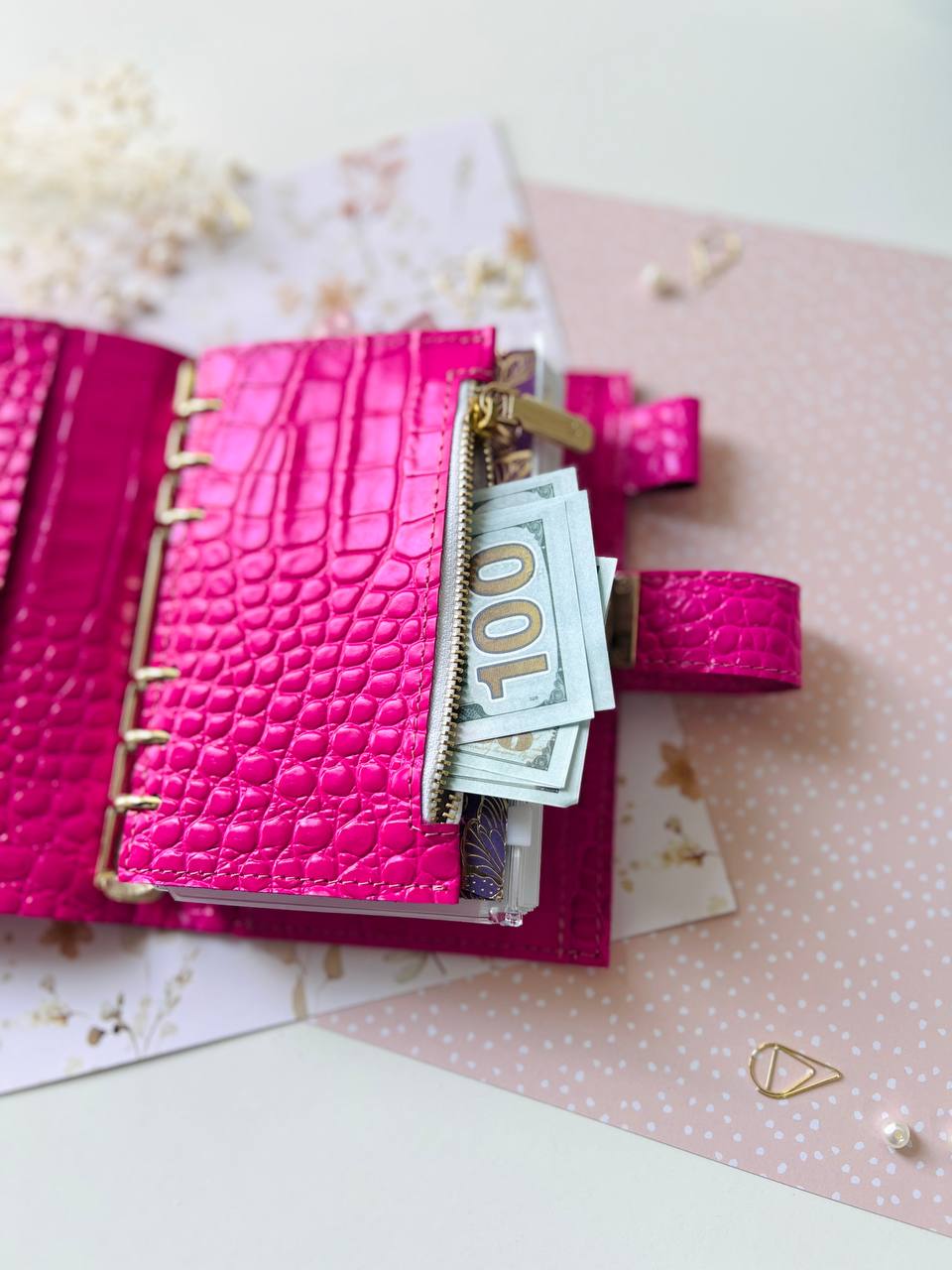 English language A6 NEW SIZE leather hot pink double planner cover binder 6 rings binder, leather planner, gift for her, medium size planner.