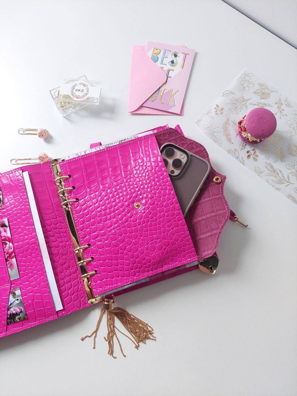 Hot pink leather planner A5 for documents A4 and A5 format. Weekly planning.