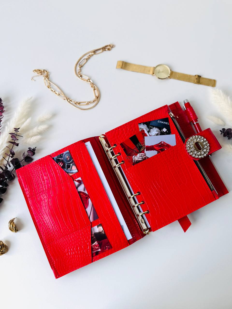 Orange-red leather planner binder A5.