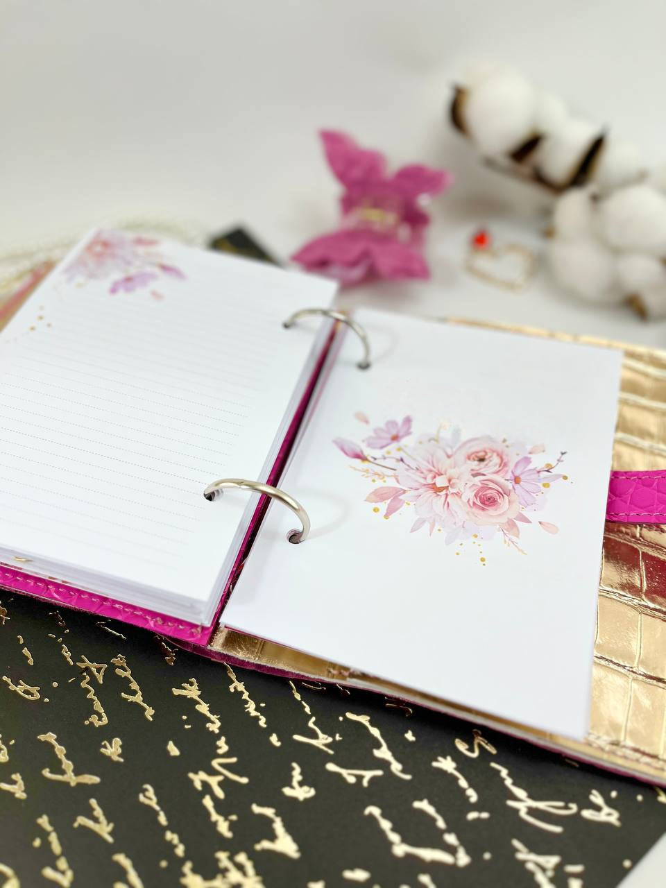 Hot pink with gold leather notebook cover A7 mini wallet organizer.