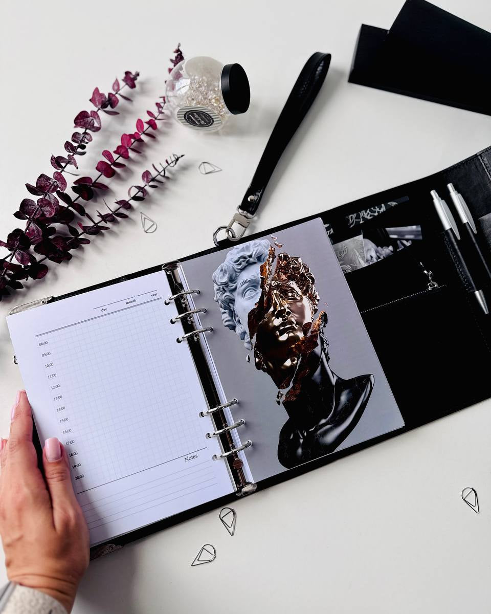 🖤Black heart🖤 Natural Italian Leather Planner A5, gift for her, perfect planner, Ring Planner Agenda A5 Six Ring Planner and Ring Personal Planner.