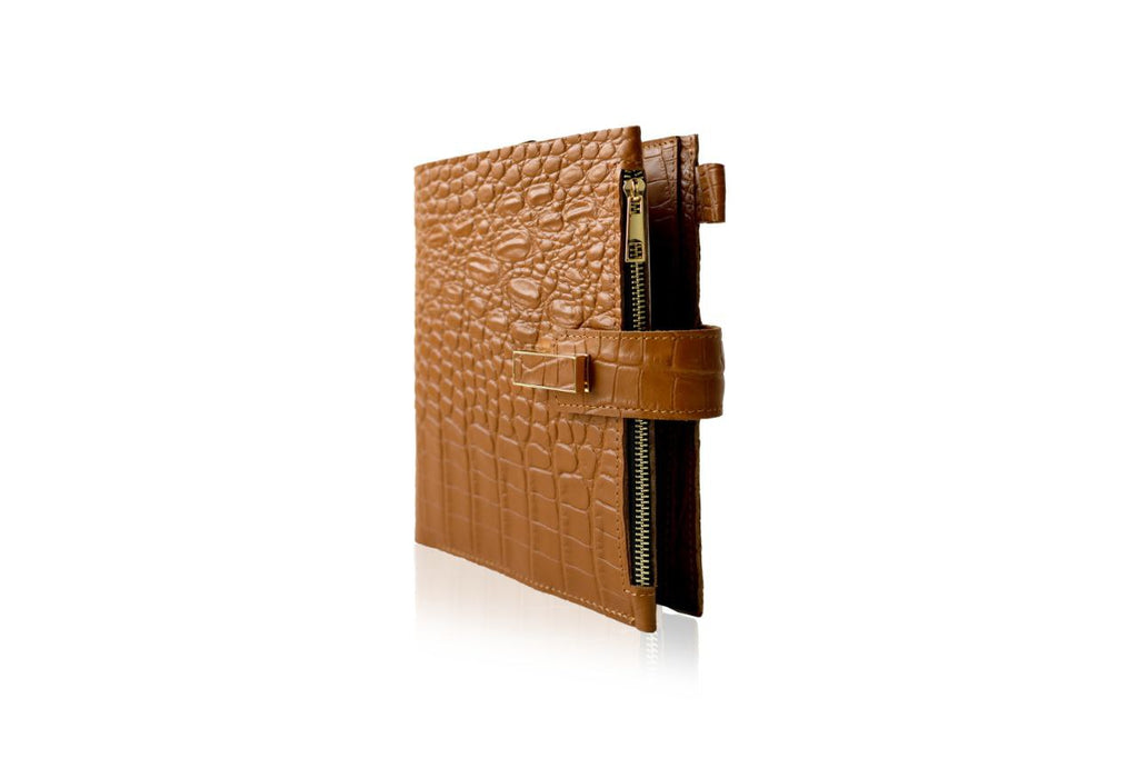 Rare brown leather A5 notebook cover with zipper and textured finish for A4 and A5 documents.