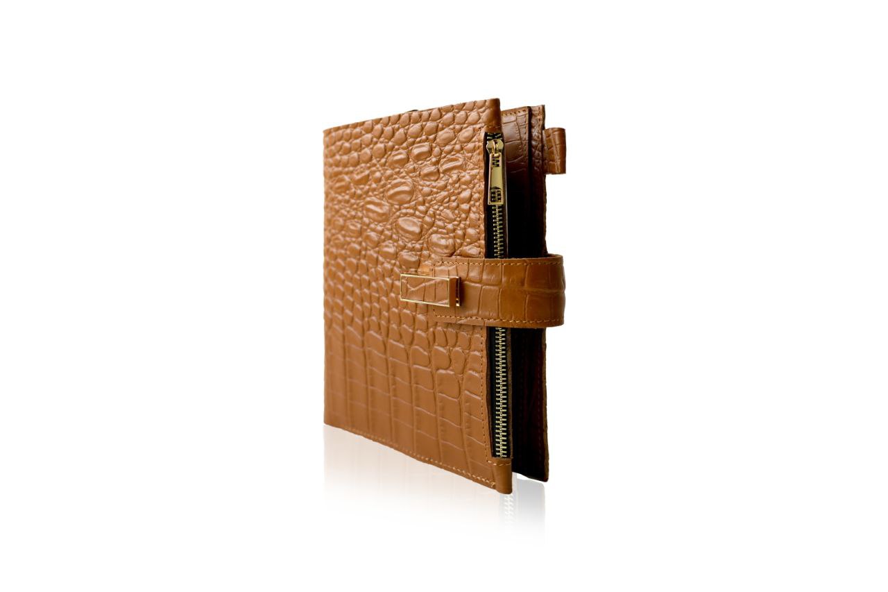 Rare brown leather A5 notebook cover with zipper and textured finish for A4 and A5 documents.