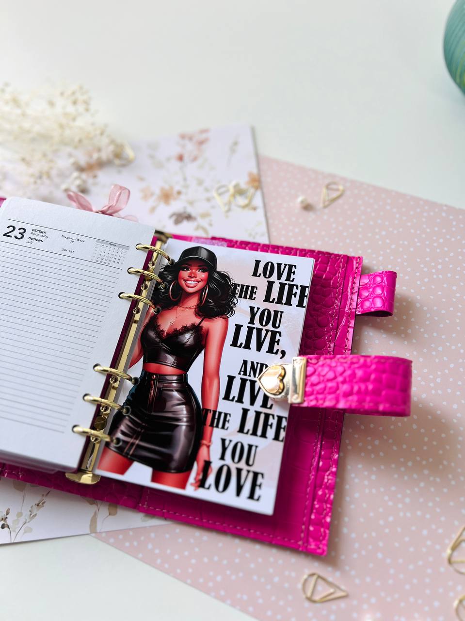 English language A6 NEW SIZE leather hot pink double planner cover binder 6 rings binder, leather planner, gift for her, medium size planner.