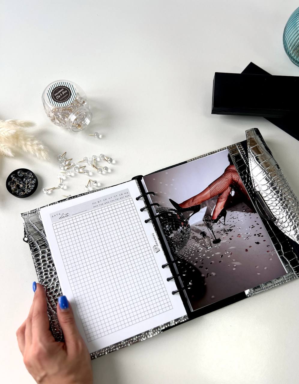 Rare silver leather like a mirror. Perfect leather planner A5.