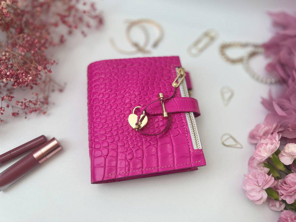 Hot pink leather notebook cover A7 mini wallet planner.