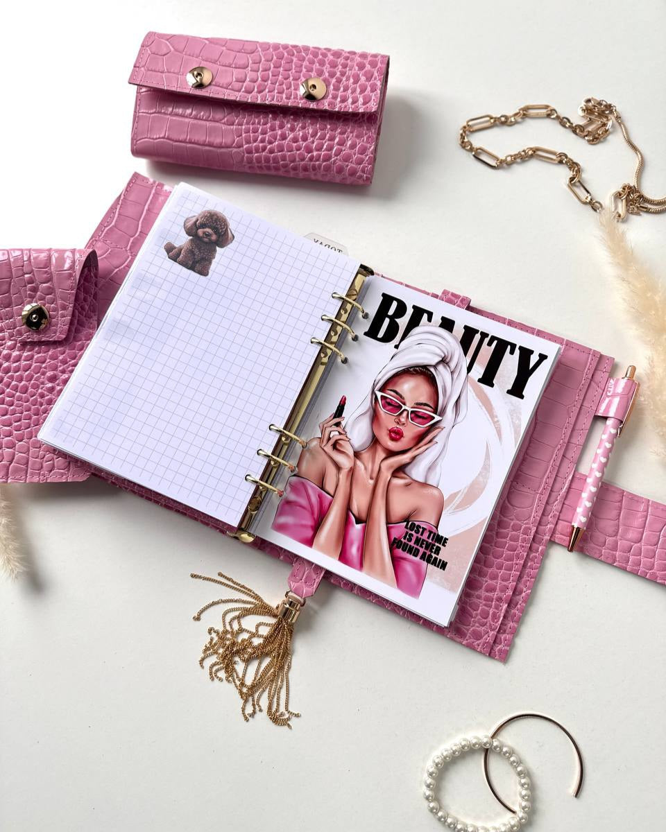 Pink leather gift- planner A5, wallet and pencil case.