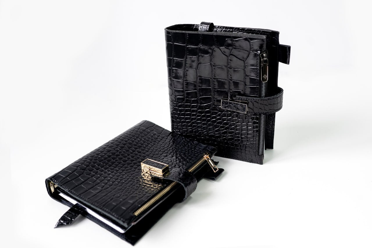 Cyprus, Limassol. Black croco leather notebook cover A5 for documents A4 and A5 format.