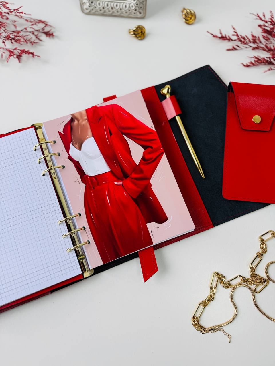 Red & Black Genuine Leather Gift Set. Red and black leather notebook cover A5 with leather pencil case- perfect gift 2026.