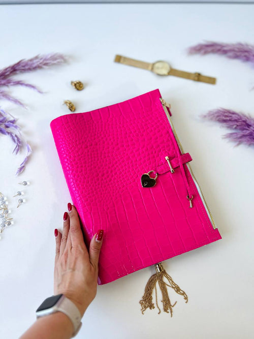 A4 leather notebook cover. Padfolio. Portfolio. A4 size with binder and pages padfolio planner. Leather hot pink.