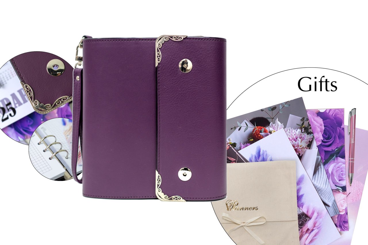 Violet Natural Italian Leather Planner A5, gift for her, perfect planner, Ring Planner Agenda A5 Six Ring Planner and Ring Personal Planner.