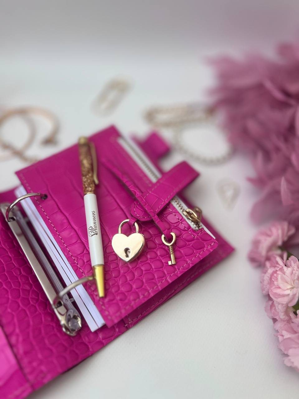 Hot pink leather notebook cover A7 mini wallet planner.