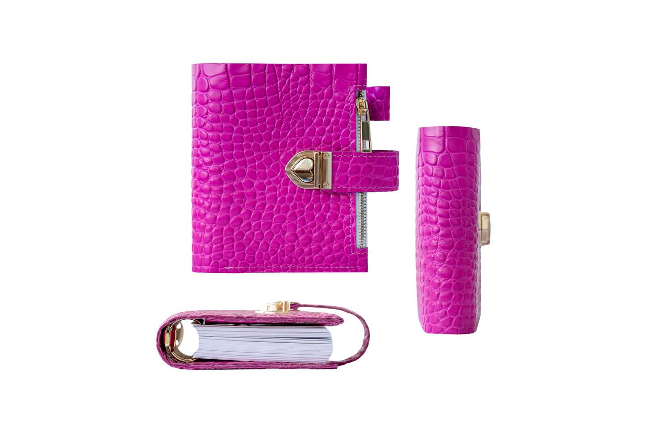 Hot pink leather notebook cover A7 mini wallet organizer 6 big binder rings.