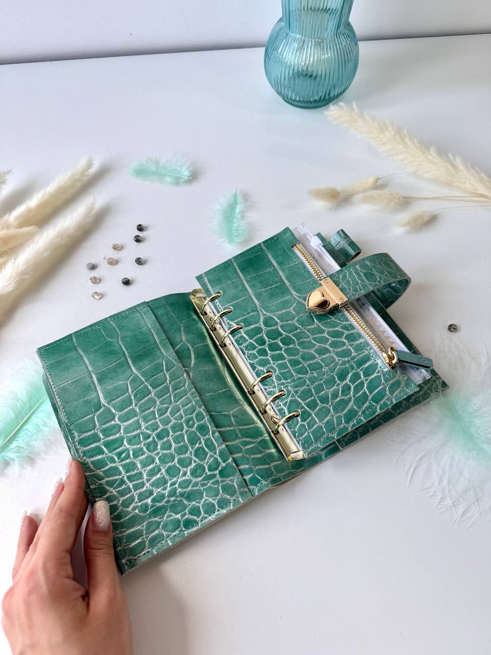 A6 NEW SIZE RARE leather green double planner cover binder 6 rings binder, dated planner, leather planner, gift for her, medium size planner.