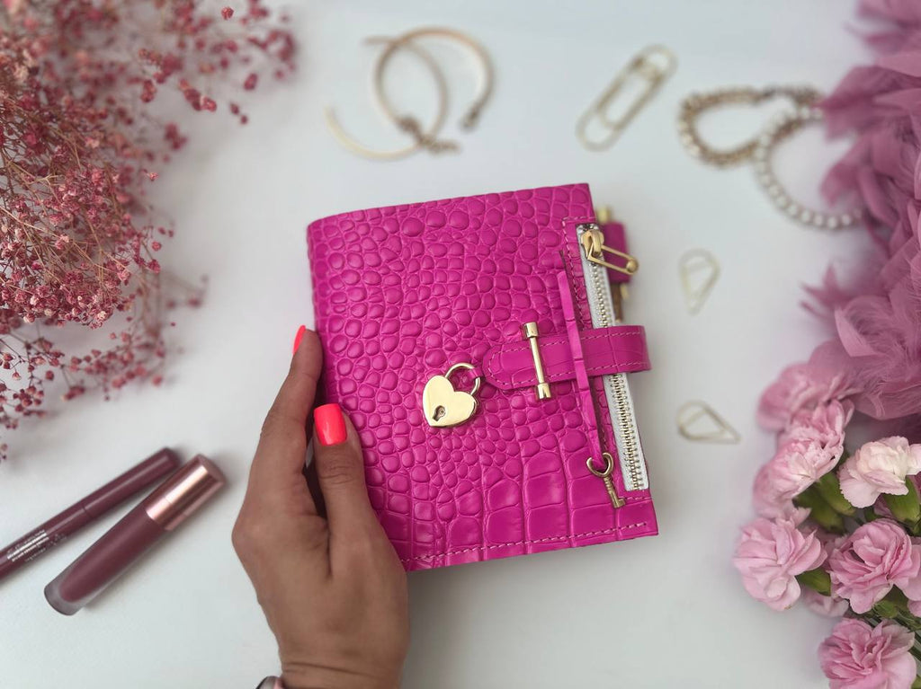 Hot pink leather notebook cover A7 mini wallet planner.