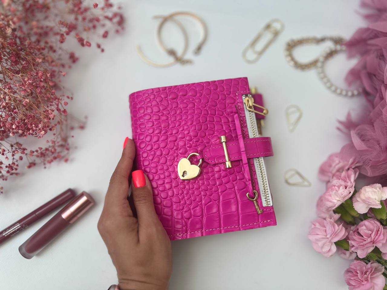 Hot pink leather notebook cover A7 mini wallet planner.