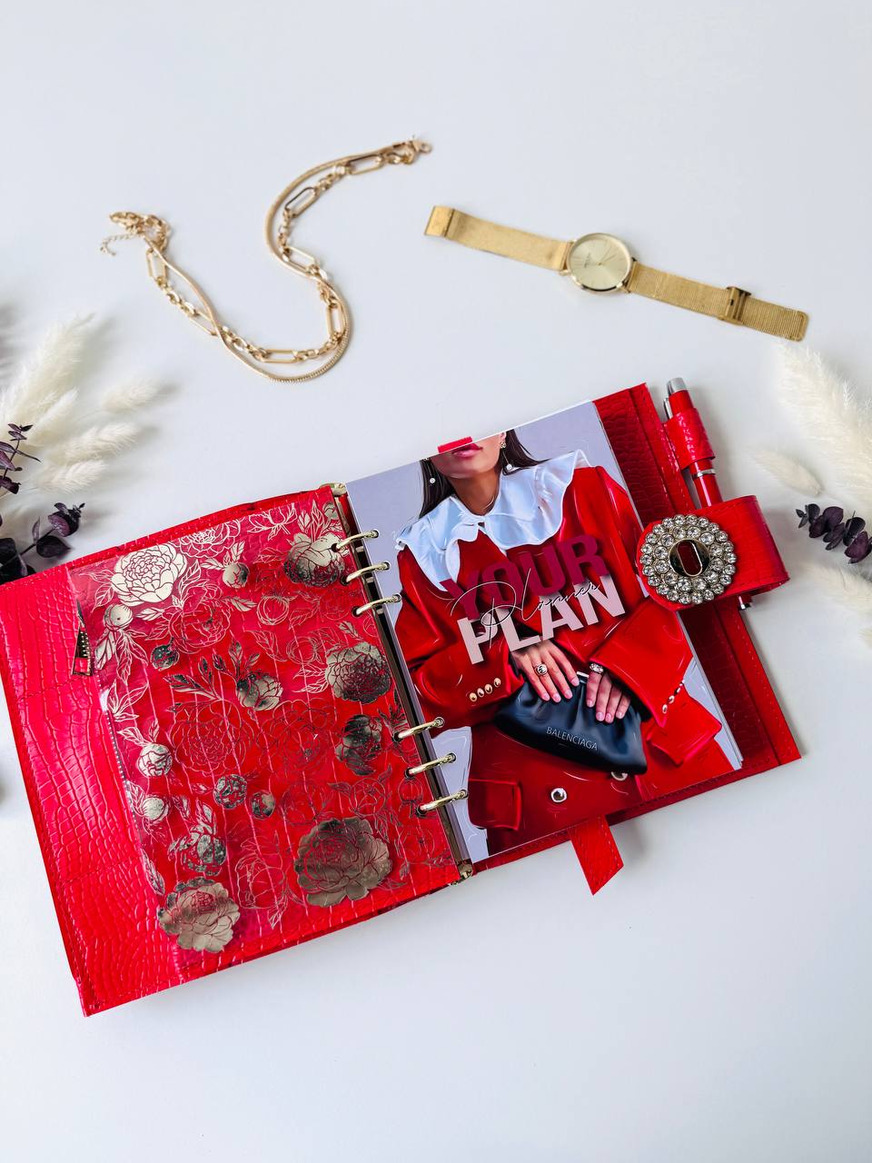 Orange-red leather planner binder A5.