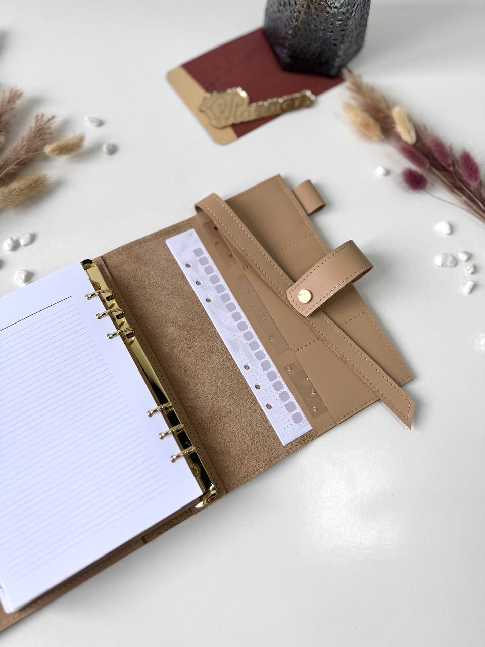 Leather notebook cover. Natural Leather Planner A5,Planner, A5 binder, Leather template, A5 ring binder,Binder a5, planner with bag, gold furniture.