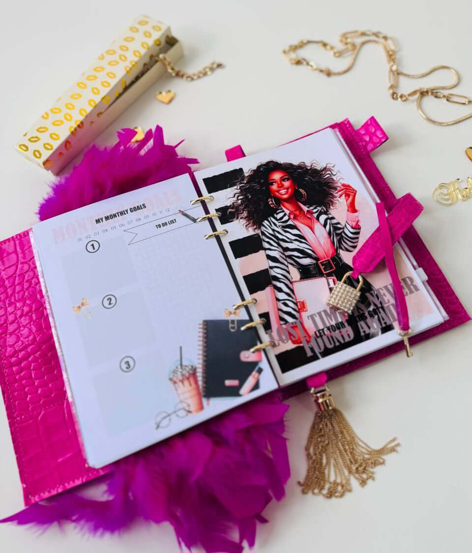 Hot pink leather planner A5 with secret lock in the stones with gifts 🎁