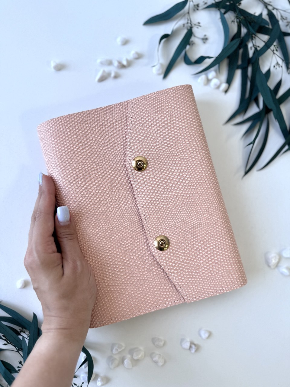 Peach leather notebook cover A5 with big binder.
