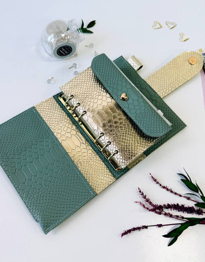 Pistachio Green A6 Genuine Leather Planner Binder – Gold Snake Accent with Panther Clasp
