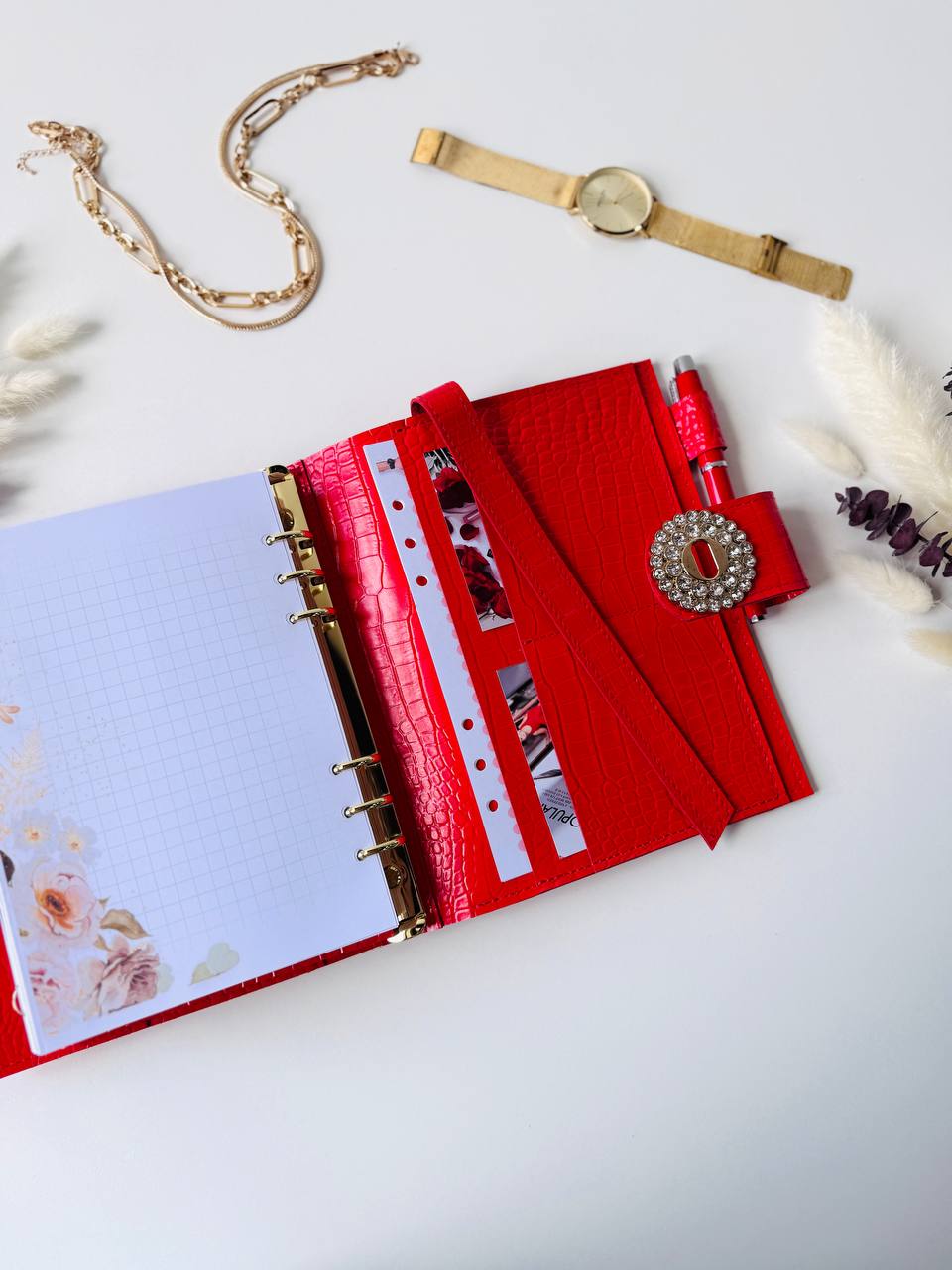 Orange-red leather planner binder A5.