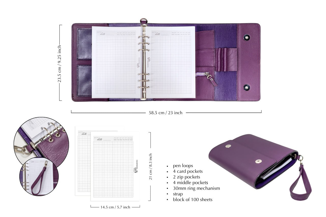 Violet Natural Italian Leather Planner A5, gift for her, perfect planner, Ring Planner Agenda A5 Six Ring Planner and Ring Personal Planner.