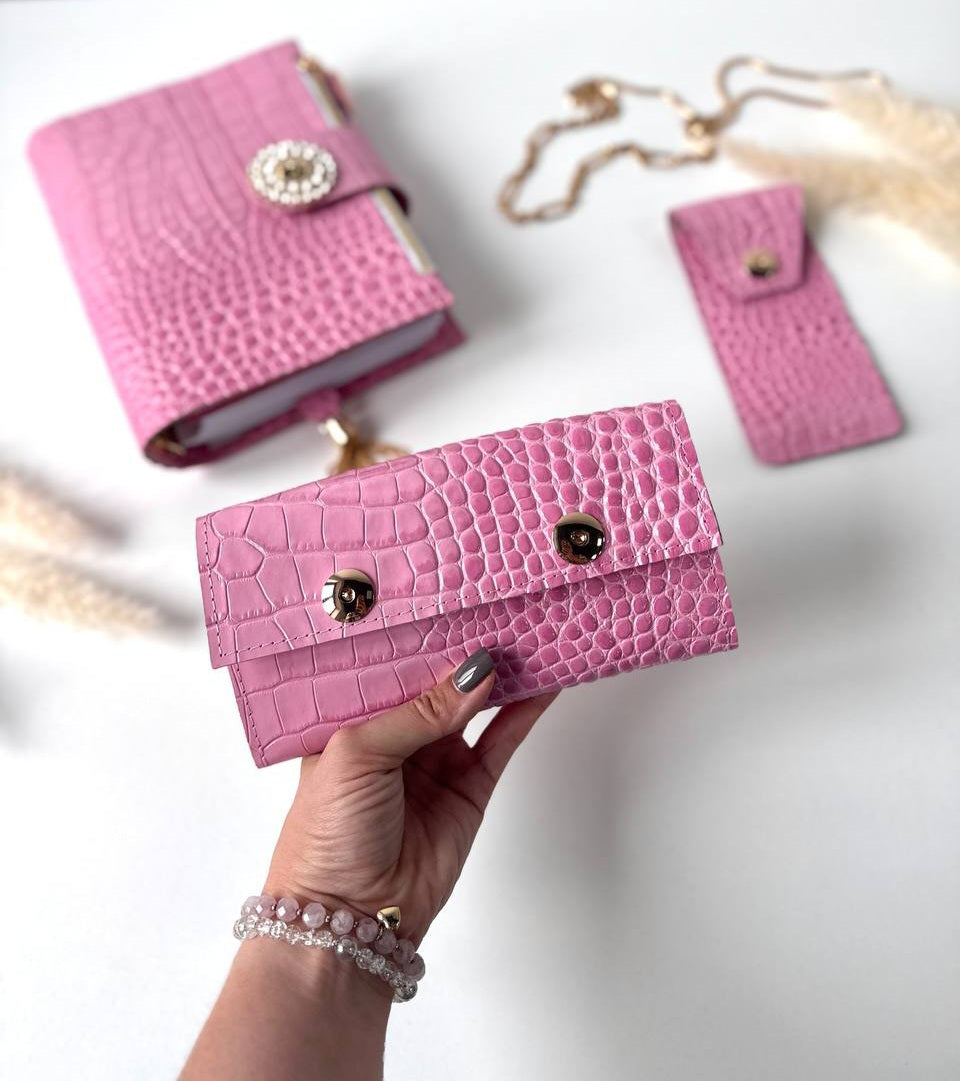 Pink leather gift- planner A5, wallet and pencil case.