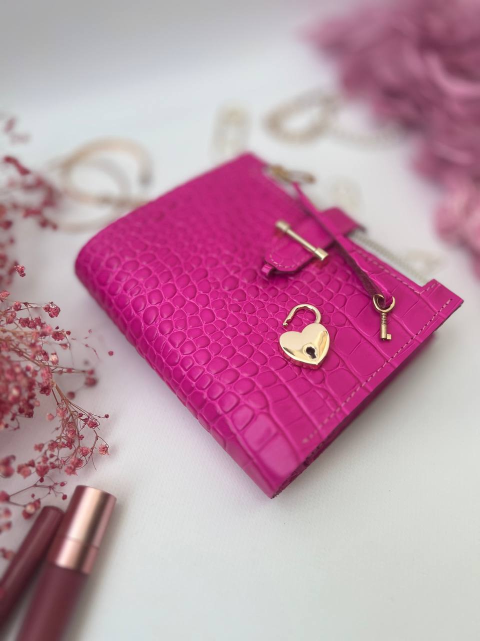 Hot pink leather notebook cover A7 mini wallet planner.
