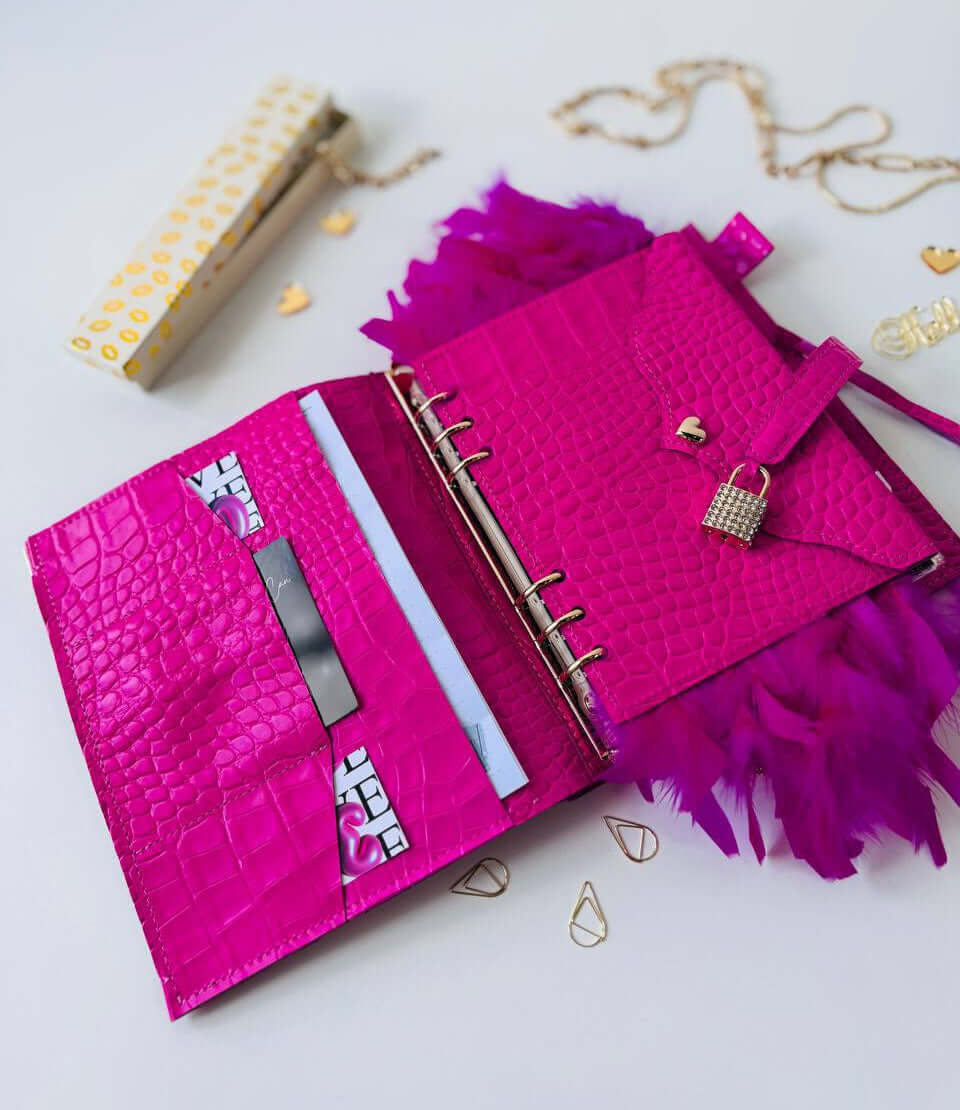 Hot pink leather planner A5 with secret lock in the stones with gifts 🎁