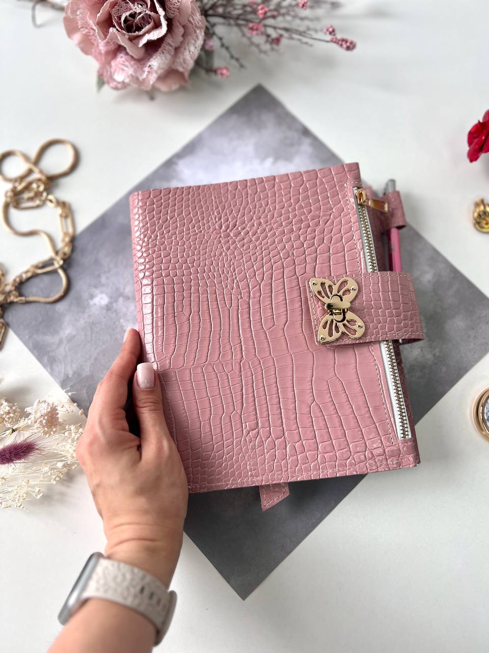 Natural Italian Leather Pink Planner A5.