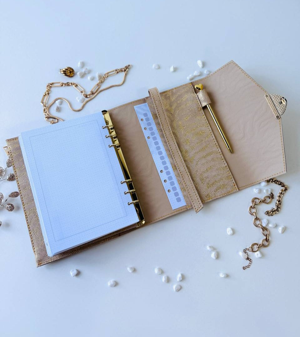 Gold leather binder big 6 rings A5.